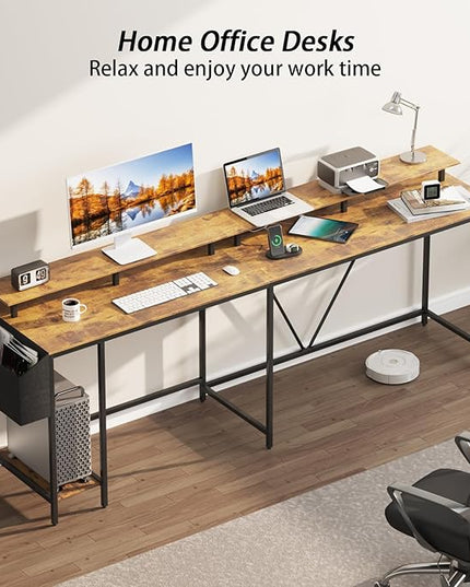 L Shaped Gaming Desk with Power Outlets & LED Lights, Computer Desk with Monitor Stand & Storage Shelf, Home Office Desk Corner Desk with Hooks, Easy to Assemble, Rustic Brown - LeafyLoom