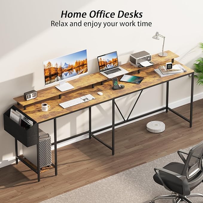 L Shaped Gaming Desk with Power Outlets & LED Lights, Computer Desk with Monitor Stand & Storage Shelf, Home Office Desk Corner Desk with Hooks, Easy to Assemble, Rustic Brown - LeafyLoom