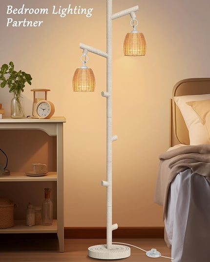 WIHTU 2 Light Tall Floor Lamps for Living Room Bright Lighting, Vintage Standing Lamp for Bedroom, White LED Pole Lamp floor with Wood Bamboo Woven Shades, Tree Corner Light for Home Decor - LeafyLoom