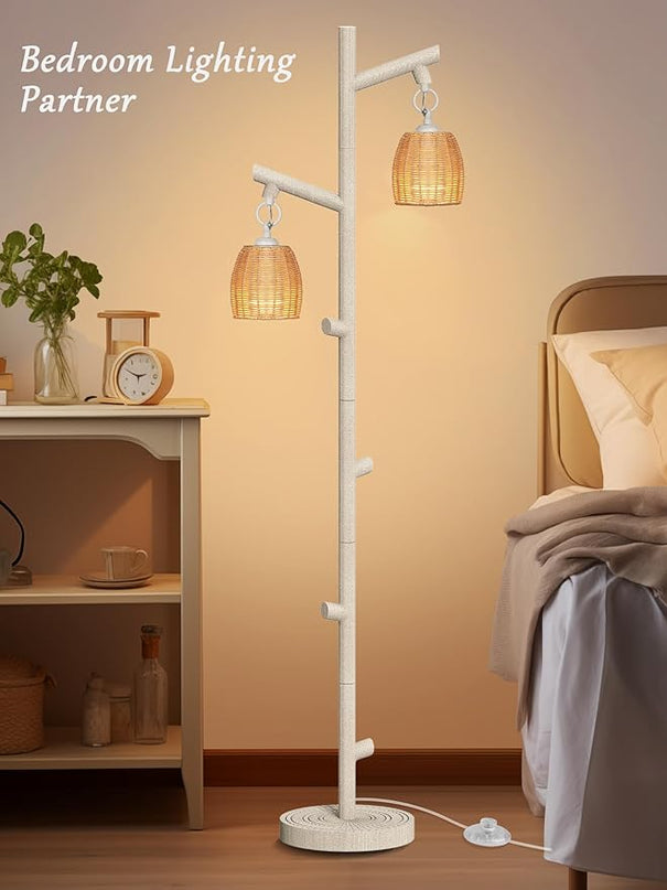 WIHTU 2 Light Tall Floor Lamps for Living Room Bright Lighting, Vintage Standing Lamp for Bedroom, White LED Pole Lamp floor with Wood Bamboo Woven Shades, Tree Corner Light for Home Decor - LeafyLoom