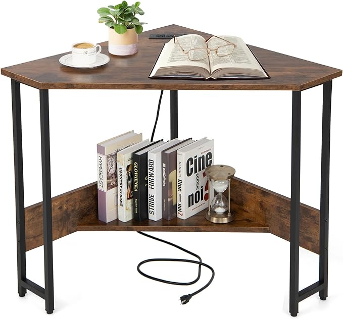Corner Desk with Charging Station & USB Port, 90-degree Triangle Computer Workstation w/Storage Shelf, Metal Frame, Space-saving Laptop PC Desk for Small Space, Home Office (Rustic Brown) - LeafyLoom