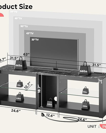 Bestier TV Stand for 70 inch TV with Power Outlets, LED Entertainment Center for PS5, Gaming TV Consoles with Glass Shelves for Living Room, 63'' Inch, Black Marble - LeafyLoom
