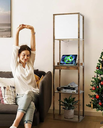 Floor Lamp with Shelves Plus, 4-Tier Wireless Charger Floor Lamp for Living Room Bedroom, USB and Type C Charging Ports 2 AC Power Outlets, 3CCT Color Selectable 15W Bulb(Brown). - LeafyLoom