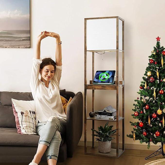 Floor Lamp with Shelves Plus, 4-Tier Wireless Charger Floor Lamp for Living Room Bedroom, USB and Type C Charging Ports 2 AC Power Outlets, 3CCT Color Selectable 15W Bulb(Brown). - LeafyLoom