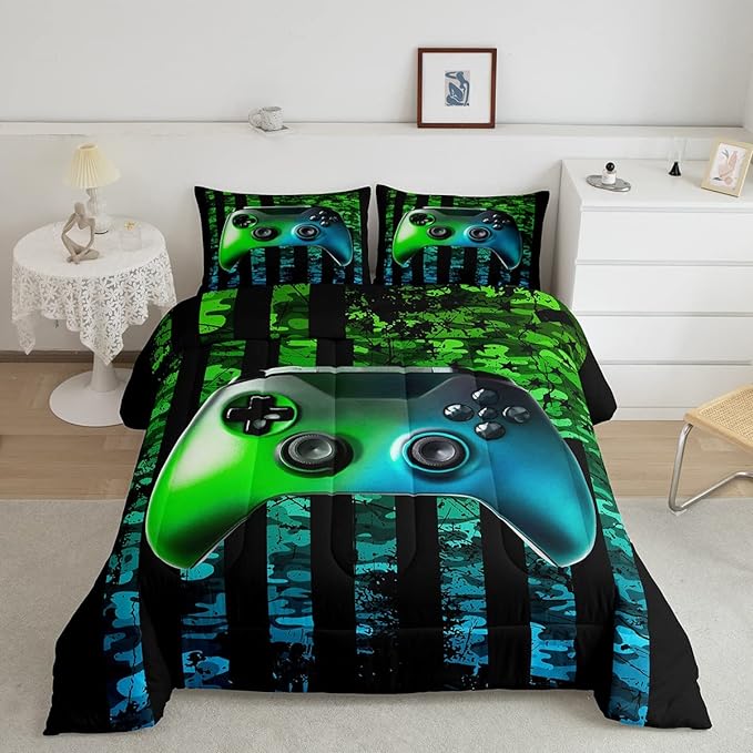 Gamer Bedding Sets for Boys American Flag Comforter Set Twin Size Gaming Comforter Military Camo Retro Down Comforter Kids Game Room Decor Teens Adult Green Blue Gamepad Duvet Set,Black,Warm Soft - LeafyLoom