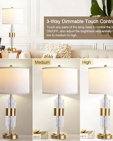 QiMH Gold Table Lamp for Living Room with USB Ports, Bedside Lamps for Bedrooms with Touch Control USB Ports, Modern Nightstand Lamp White Drum Lamp Shade Home Light Decor (2700K LED Bulb Included) - LeafyLoom