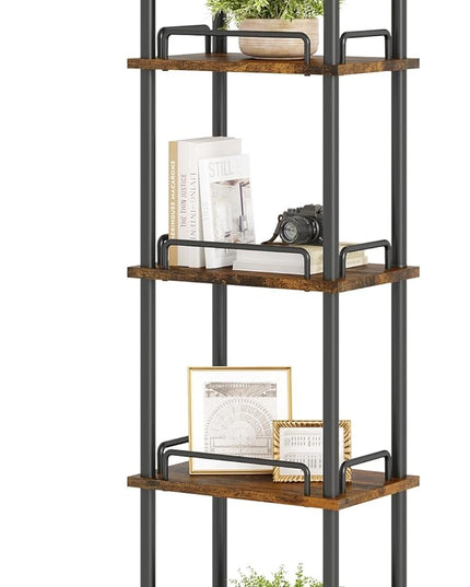 5-Tier Tall Bookshelf, Narrow Bookcase with guardrail, Freestanding Storage Stand Display Rack for Living Room, Bedroom, Home Office, Rustic Brown and Black - LeafyLoom