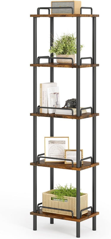 5-Tier Tall Bookshelf, Narrow Bookcase with guardrail, Freestanding Storage Stand Display Rack for Living Room, Bedroom, Home Office, Rustic Brown and Black - LeafyLoom