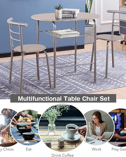 DORTALA 3PCS Dining Table Set, 1 table & 2 chairs set, 3 Piece Compact Dining Set, Oval Table & Mid-back Chairs w/Built-in Wine Rack, Suitable for Small Space, Silver & Natural - LeafyLoom