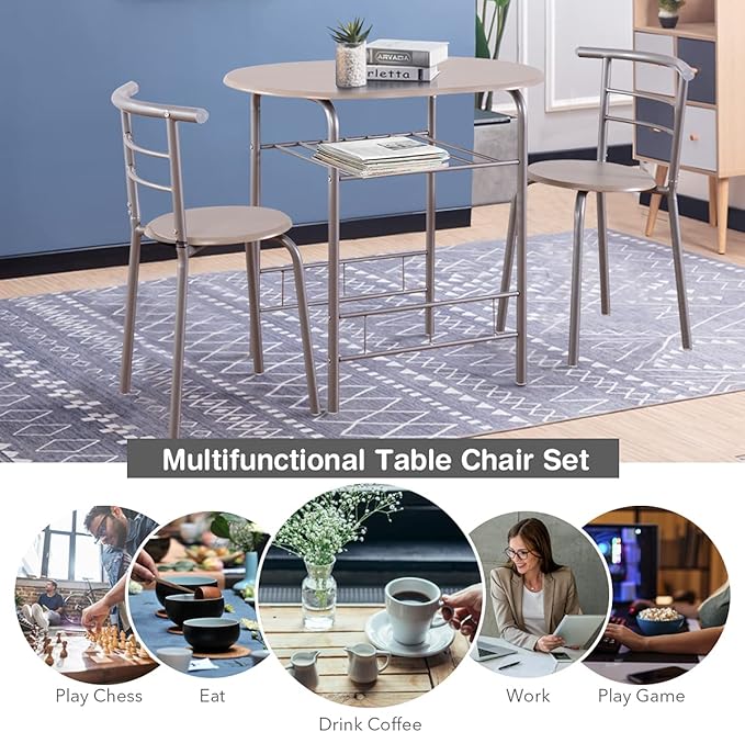DORTALA 3PCS Dining Table Set, 1 table & 2 chairs set, 3 Piece Compact Dining Set, Oval Table & Mid-back Chairs w/Built-in Wine Rack, Suitable for Small Space, Silver & Natural - LeafyLoom