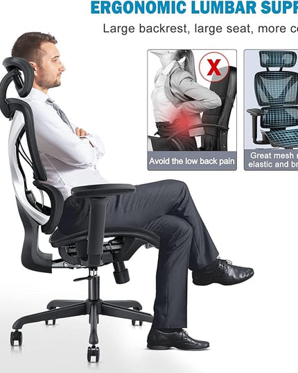 GABRYLLY Ergonomic Office Chair, Mesh Desk Chair with Lumbar Support, Adjustable 3D Arms, Reclining, Headrest & Large Seat - Big and Tall Ergonomic Chair for Home Office Work(Grey) - LeafyLoom