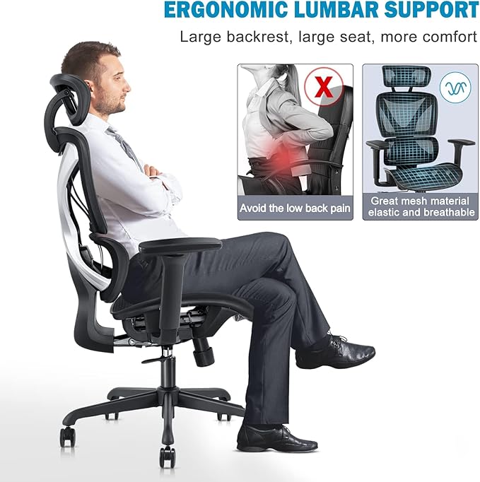 GABRYLLY Ergonomic Office Chair, Mesh Desk Chair with Lumbar Support, Adjustable 3D Arms, Reclining, Headrest & Large Seat - Big and Tall Ergonomic Chair for Home Office Work(Grey) - LeafyLoom