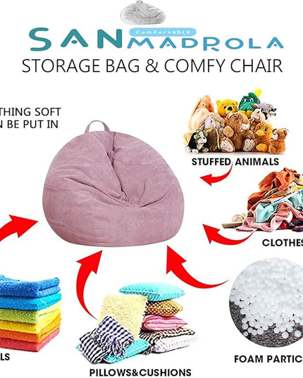 Stuffed Animal Storage Bean Bag Chair Cover (No Beans) for Kids and Adults.Soft Premium Corduroy Stuffable Beanbag for Organizing Children Plush Toys or Memory Foam Extra Large 300L (Pink) - LeafyLoom