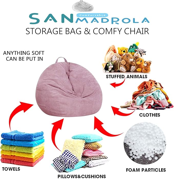 Stuffed Animal Storage Bean Bag Chair Cover (No Beans) for Kids and Adults.Soft Premium Corduroy Stuffable Beanbag for Organizing Children Plush Toys or Memory Foam Extra Large 300L (Pink) - LeafyLoom
