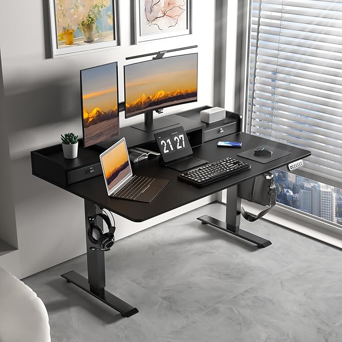 55×30 Inch Electric Standing Desk with 2 Drawers, Adjustable Height Widened Stand Up Desk with Storage Shelf, Sit to Stand Ergonomic Workstation for Home Office - LeafyLoom