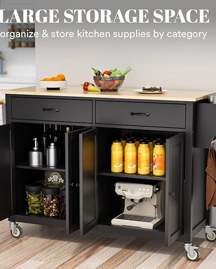 Rolling Kitchen Island with Storage Portable Kitchen Island On Wheels Black Large 54in Width Island with Storage Drawers Cabinet Spice Rack Towel Rack for Kitchen Dining Room - LeafyLoom