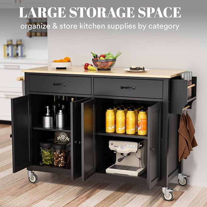 Rolling Kitchen Island with Storage Portable Kitchen Island On Wheels Black Large 54in Width Island with Storage Drawers Cabinet Spice Rack Towel Rack for Kitchen Dining Room - LeafyLoom