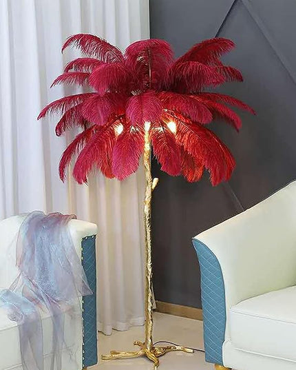 Romantic Ostrich Feather Floor Lamp Modern Luxury Resin Ostrich Feather LED Lamp Living Room Bedroom Corner Decoration Floor Lamp (Wine Red - LeafyLoom