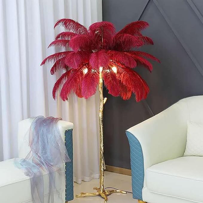 Romantic Ostrich Feather Floor Lamp Modern Luxury Resin Ostrich Feather LED Lamp Living Room Bedroom Corner Decoration Floor Lamp (Wine Red - LeafyLoom