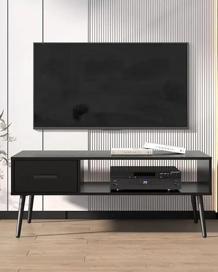 HAIOOU Coffee Table, Mid Century Modern Style Cocktail Table TV Stand with Drawer, Open Storage Shelf, Stable Floor-Anti-Scratching Pine Leg for Home, Office, Living Room - Black - LeafyLoom