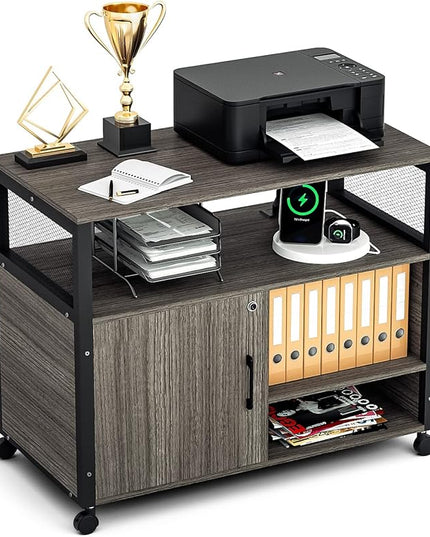 Lateral File Cabinets with Socket & USB Charging Station, Lockable Office File Cabinets Rolling Printer Stand with Open Storage Shelves for Home Office Organization & Storage - LeafyLoom