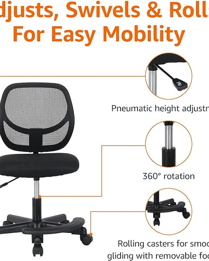 Amazon Basics Kids Adjustable Mesh Low-Back Swivel Study Desk Chair with Footrest, Black - LeafyLoom