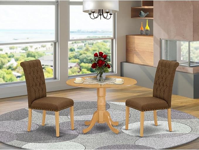 East West Furniture DLBR3-OAK-18 3 Piece Kitchen Table & Chairs Set Contains a Round Dining Table with Dropleaf and 2 Brown Linen Linen Fabric Upholstered Chairs, 42x42 Inch, Oak - LeafyLoom