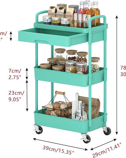 3-Tier Rolling Cart，Trolley with Drawer, Kitchen Storage Organizer with Plastic Shelf & Metal Wheels, Storage Cart for Living Room, Kitchen, Office, Bathroom, Green - LeafyLoom