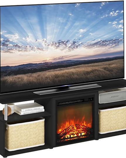 Furinno Jensen Open Storage Fireplace Entertainment Center for TV up to 70 Inch with Stainless Steel Tubes, Americano/Chrome - LeafyLoom