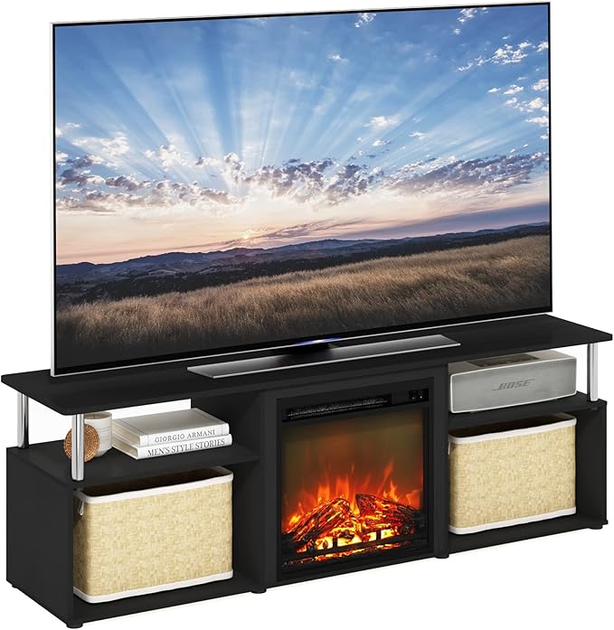 Furinno Jensen Open Storage Fireplace Entertainment Center for TV up to 70 Inch with Stainless Steel Tubes, Americano/Chrome - LeafyLoom