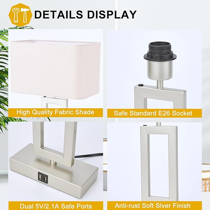Lamps Set of 2 Touch Control Table Lamps with 2 USB Ports 3-Way Dimmable Bedside Nightstand Lamps for Bedrooms Silver Lamp for End Table Contemporary Lamps with Beige/Grey Shades - LeafyLoom