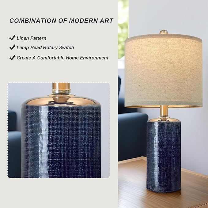 20.25" Small Table Lamps Set of 2 Modern Ceramic Lamps for Living Room Farmhouse Bedside Lamps Boho Lamps for Night Stands Blue Bedroom Lamps Side Table Lamps End Table Lamps - LeafyLoom