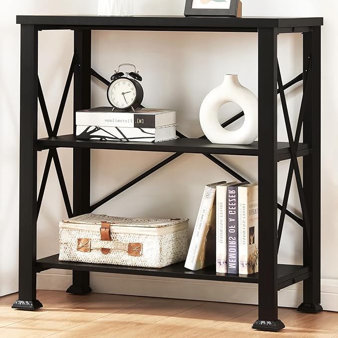 HOMBAZAAR Bookshelf, 3-Tier Industrial Bookshelf, Etagere Bookcases and Bookshelves, Small Bookshelf Storage Organizer, Freestanding Bookshelf for Living Room, Bedroom and Home Office,Black - LeafyLoom