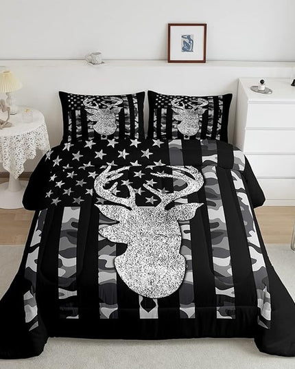 American Flag Bedding Set Deer Camo Comforter Set Full For Kids Boys Teen Man,Western Rustic Black Grey Military Camouflage Bedding Comforters Hunting Deer Antlers Quilt Duvet For All Season 3 Pcs - LeafyLoom