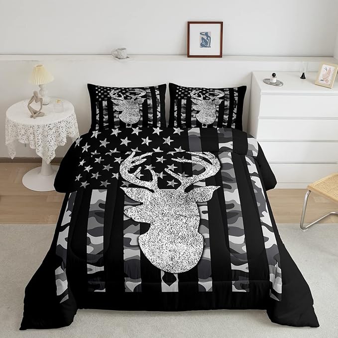 American Flag Bedding Set Deer Camo Comforter Set Queen For Kids Boys Teen Man,Western Rustic Black Grey Military Camouflage Bedding Comforters Hunting Deer Antlers Quilt Duvet For All Season 3 Pcs - LeafyLoom