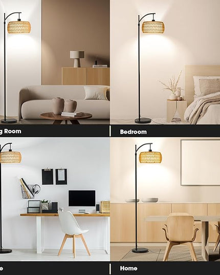 Arc Floor Lamp with Remote & App Control, 10 Color Modes, 10 Dimmable Brightness, Boho Tall Standing Lamps with LED Smart Bulb, Rattan & Fabric Double Drum Shade for Living Room Bedroom Office - LeafyLoom