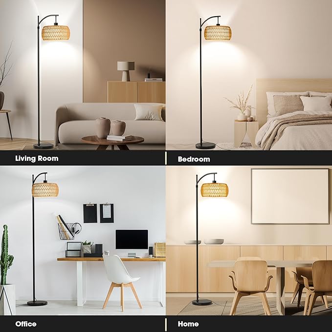 Arc Floor Lamp with Remote & App Control, 10 Color Modes, 10 Dimmable Brightness, Boho Tall Standing Lamps with LED Smart Bulb, Rattan & Fabric Double Drum Shade for Living Room Bedroom Office - LeafyLoom