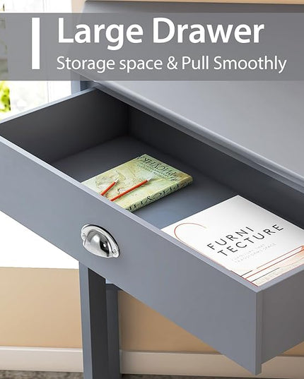 Nightcore Small, Wood Computer Desk, Compact Writing w/Drawer & Storage Shelves, Space Saving Study Workstation, Laptop PC Corner Table, Grey - LeafyLoom