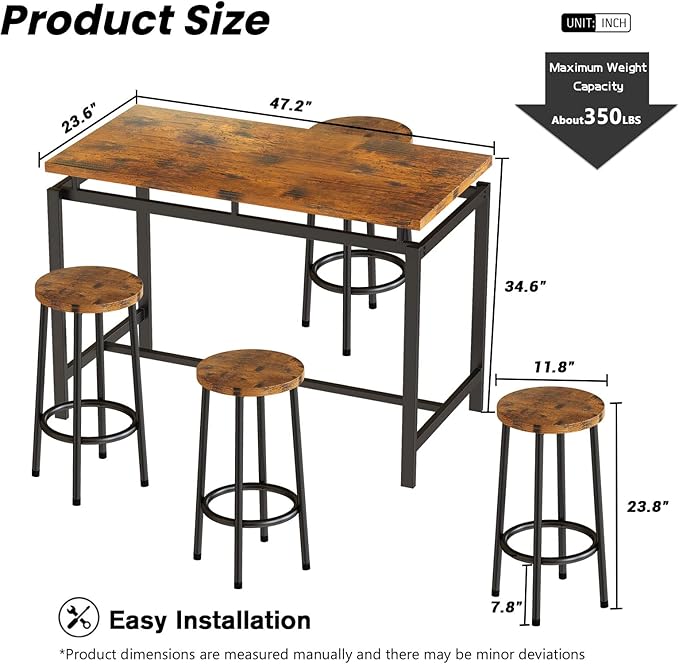 DKLGG Dinner Table Set for 4, Modern Kitchen Table and Chairs for 4 Wooden Top and Adjustable Metal Legs, Small Dining Room Table Set 5 Pieces Compact Design for Small Space - LeafyLoom