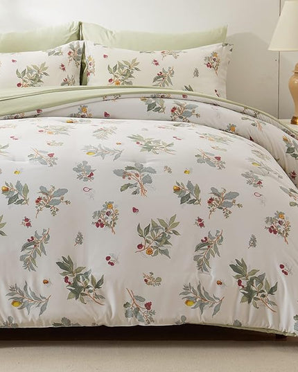 EMME Twin Comforter Set - Sage Green Floral Bedding Set 5 PCS with Flowers Leaves Pattern, Soft Plant Printed Botanical Bed Set with Sheets, Fluffy Bed Bag for All Season(68"X90") - LeafyLoom