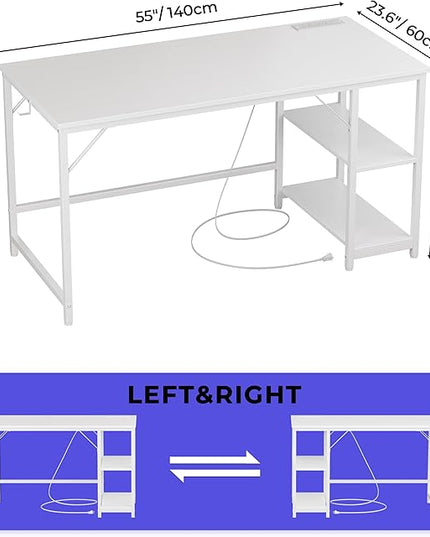 Small Gaming Computer Desk with Table Power Outlets,Home Office Desk with Storage Shelves and USB & Type-C Outlet，Adjustable standing desk,Electric desk,study desk，White,55inches - LeafyLoom