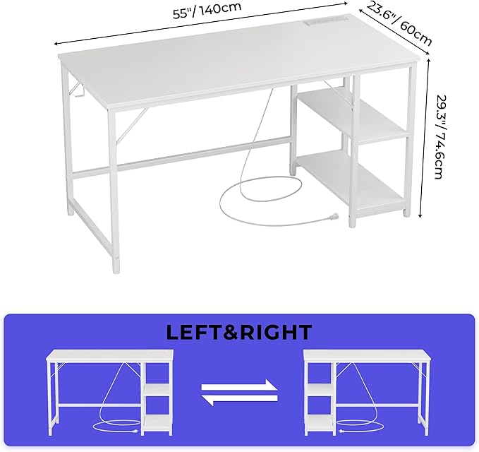 Small Gaming Computer Desk with Table Power Outlets,Home Office Desk with Storage Shelves and USB & Type-C Outlet，Adjustable standing desk,Electric desk,study desk，White,55inches - LeafyLoom