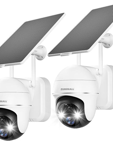 ZUMIMALL Security Cameras Wireless Outdoor - 2 Packs, 360°View Outdoor Camera Wireless Solar Powered,2.4G WiFi, Spotlight/Siren//3MP Color Night Vision/AI Detection/IP66/Cloud/Alert, Work with Alexa ZUMIMALL