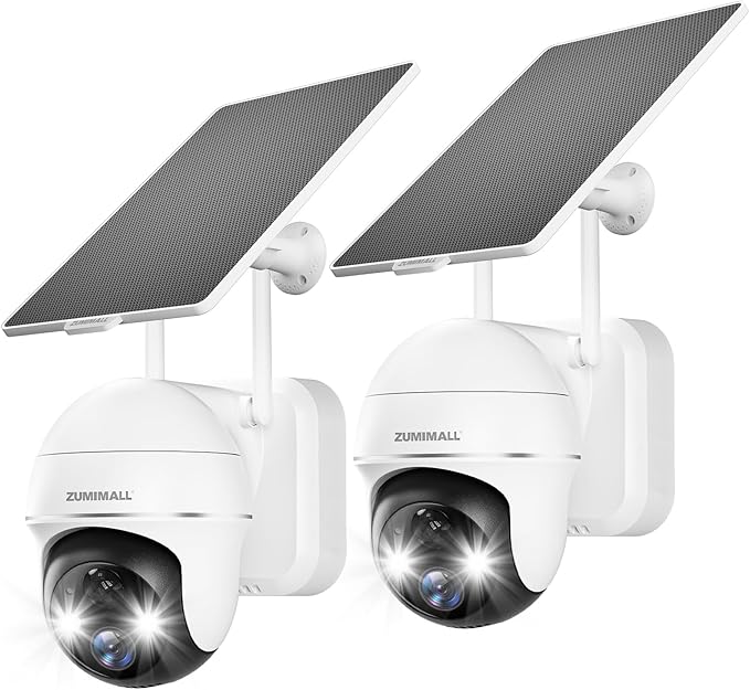 ZUMIMALL Security Cameras Wireless Outdoor - 2 Packs, 360°View Outdoor Camera Wireless Solar Powered,2.4G WiFi, Spotlight/Siren//3MP Color Night Vision/AI Detection/IP66/Cloud/Alert, Work with Alexa ZUMIMALL