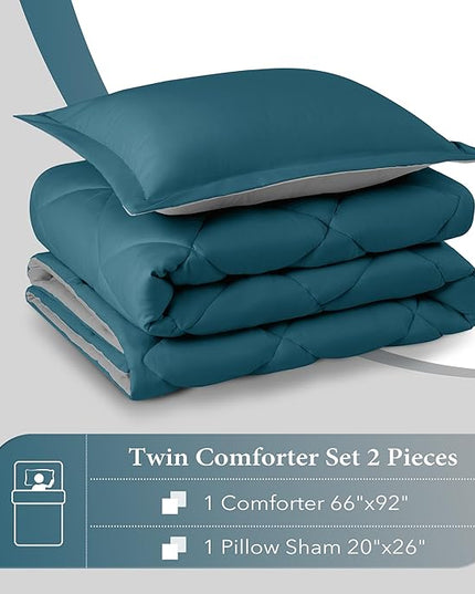 downluxe Twin Comforter Set - Green and Grey Twin Comforter, Soft Bedding Sets for All Seasons -2 Pieces - 1 Comforter (66"x92") and 1 Pillow Sham(20"x26") - LeafyLoom