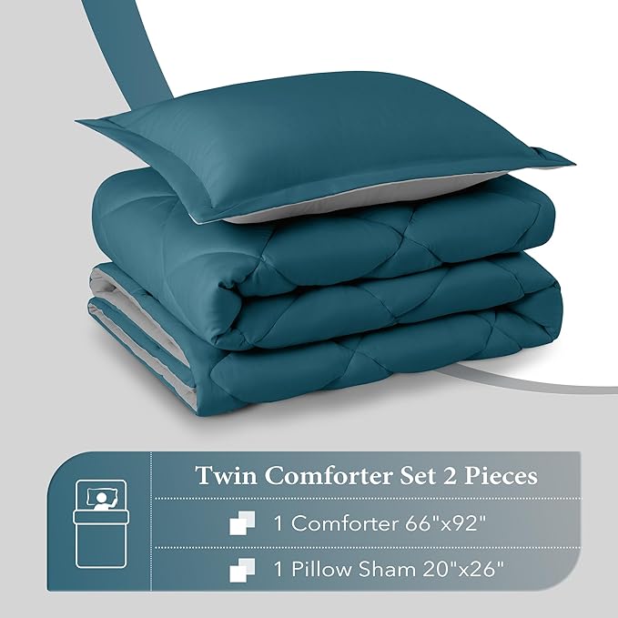 downluxe Twin Comforter Set - Green and Grey Twin Comforter, Soft Bedding Sets for All Seasons -2 Pieces - 1 Comforter (66"x92") and 1 Pillow Sham(20"x26") - LeafyLoom