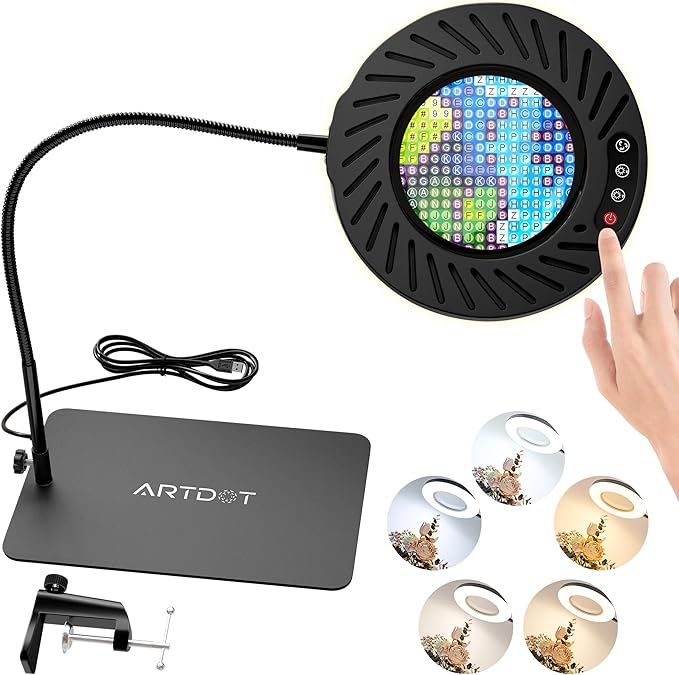 ARTDOT 10X Magnifying Glass with Light and Stand, 144 LEDs Desk Lamp with 5 Color Temperatures and 9 Levels Adjustable Brightness for Diamond Painting Accessories Crafts Reading Hobbies Close Work - LeafyLoom