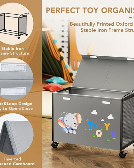 Toy Box Toy Storage - 72L Kids Toy Organizer with Wheels Toy Chest Storage Bins with Lids, Toy Boxes for Girls Boys, Stuffed Animals, Clothes, Bedroom, Living Room （grey） - LeafyLoom