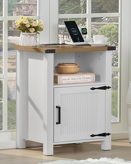 Nightstand with Charger Station and USB Port, 18 Inch Farmhouse Night Stand with Storage Shelf, Modern Couch Side Table with Magnetic Door, Bedside Tables for Bedroom, Home, Antique White - LeafyLoom
