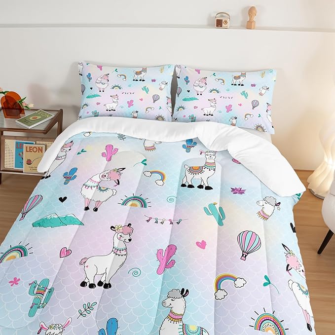 HOSIMA 3 Piece Cartoon Animal Llama Comforter,Cute Alpaca Toddler Comforter,Desert Cactus Plant King Size Comforter Set for Adults Kids,Fish Scales Comforter Rainbow Bedding Sets for Girls Boys. - LeafyLoom